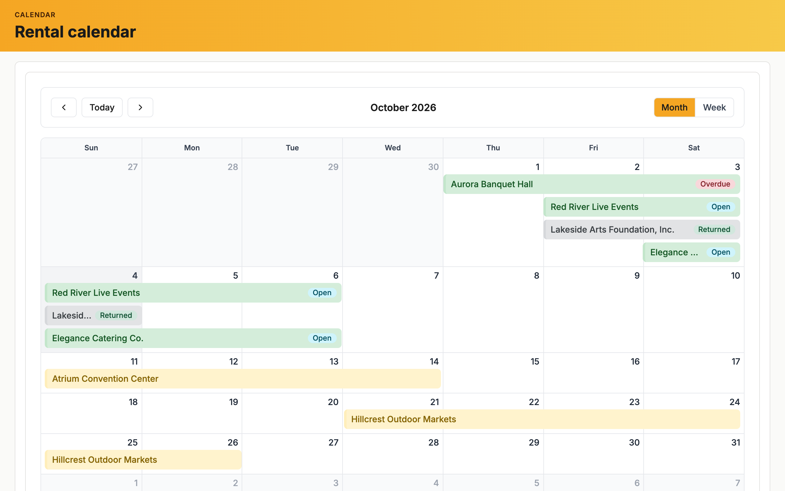 English rental calendar showing demo equipment rental periods.